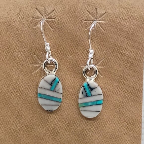 Native Made Sterling Silver Inlay Opal Turquoise Earrings Dangle NEW on Card - Picture 1 of 4